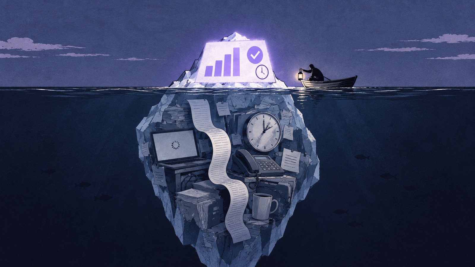 A lantern-lit rowboat beside an iceberg whose glowing tip shows a tidy bar chart, check mark, and clock, while the far larger mass below the waterline is packed with office objects: a laptop, a fax roll, a wall clock, a phone, folders, and a coffee cup.